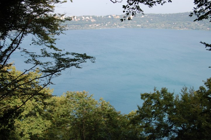 Il Lago di Albano visto dall'alto tra i rami degli alberi, con le case sulla sponda opposta